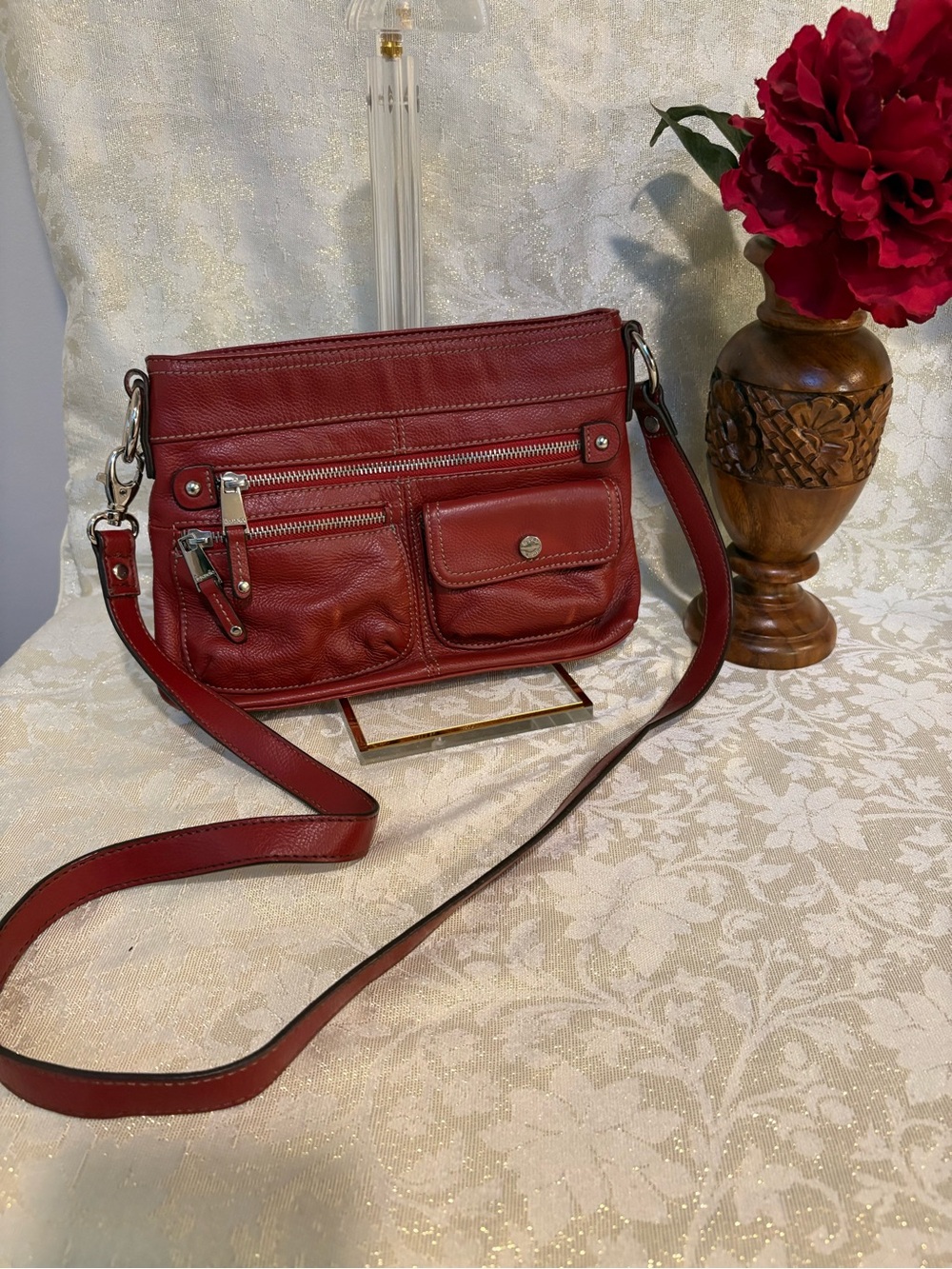 Tignanello Red Leather Crossbody with Front Pockets